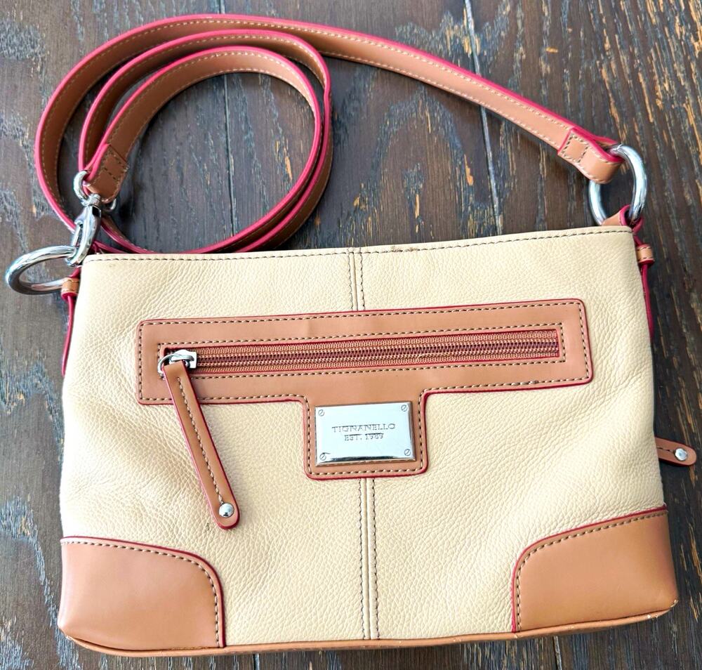 Tignanello Beige Brown Colorblock Pebbled Crossbody Bag Zip, Detachable Strap